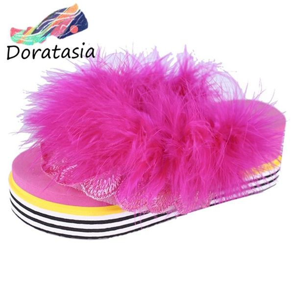 

doratasia sweet comfy platform shoes med wedges beach slippers women 2020 trendy faux fur decorating flip flop, Black