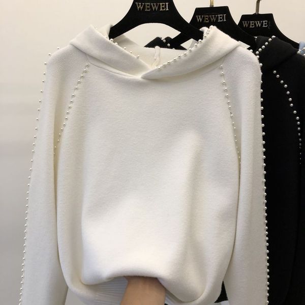 

2019 new fashion autumn and winter women's hooded sweater pure color female spring long sleeve knitwear students knitted, White;black