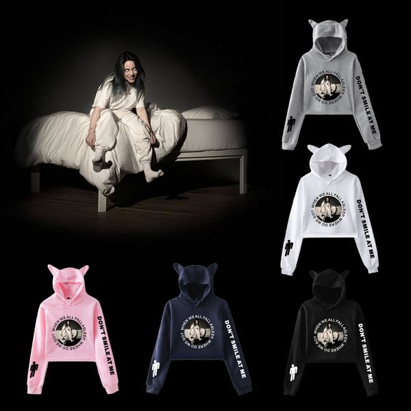 

billie eilish fashion cat ear hat crop women summer hoodies sweatshirt kpop harajuku oversized hoodie plus size, Black