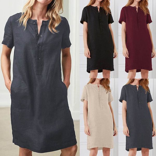 

vintage linen dress celmia women summer short sleeve mini sundress 2020 fashion round neck casual buttons solid loose vestidos, Black;gray