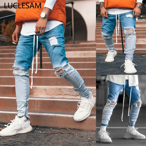

gradient destroyed hole jeans for men with zipper fashion skinny pencil pants casual ripped denim trousers light blue black 3xl