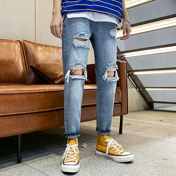 

new korean men's nine points leisure jeans for summer 2019, Blue