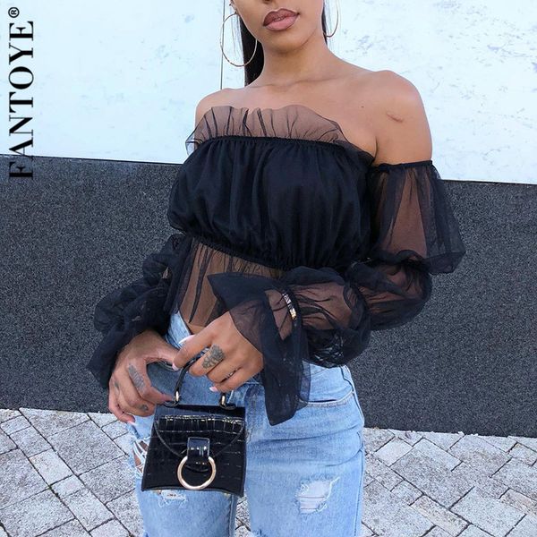 

fantoye strapless mesh ruffle crop women elegant black off shoulder female skinny short lace tank puff skeeve, White