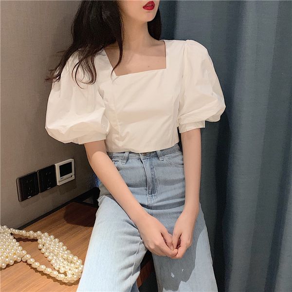

zcwxm white blouses women solud puff sleeve vintage summer blusas 2020 zipper elegant green shirts korean style short new