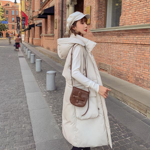 

women's korean style solid sleeveless winter keep warm down vests hooded coats ladies white black loose thick fashion long vests, Black;white