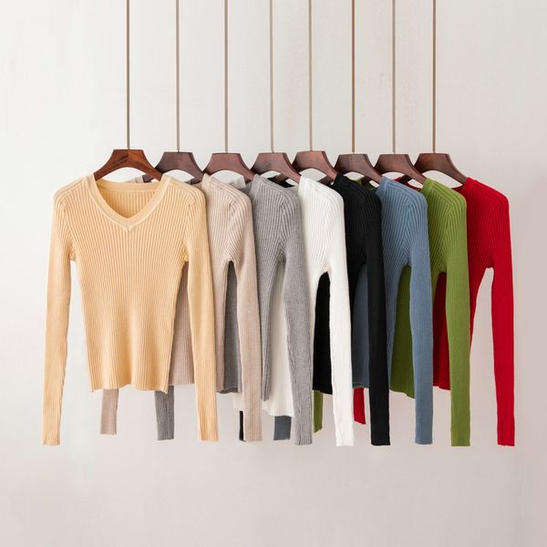 

short sweater female spring autumn slim v-neck solid color with long sleeve bottoming knitted wild sweaters d348, White;black