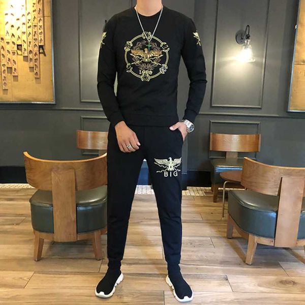 

fashion brand men's suit new drilling embroidery men's sportswear t-shirt+pants casual two-piece suit, Gray