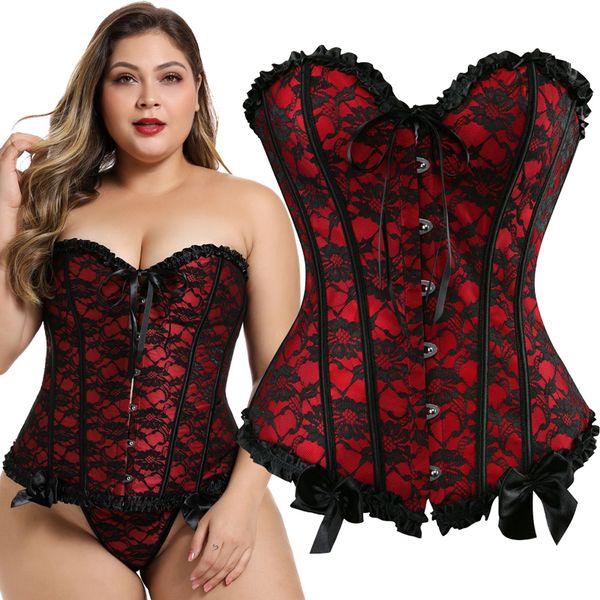 

plus size bustier corset gothic lace up overbust corselet steampunk body shapewear women slimming corset satin bone 6xl, Black;white