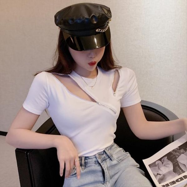 

hollow oblique tight short zipper t- zipper sleeve slim stretch t-shirt short base shirt women's fashion h5940, White