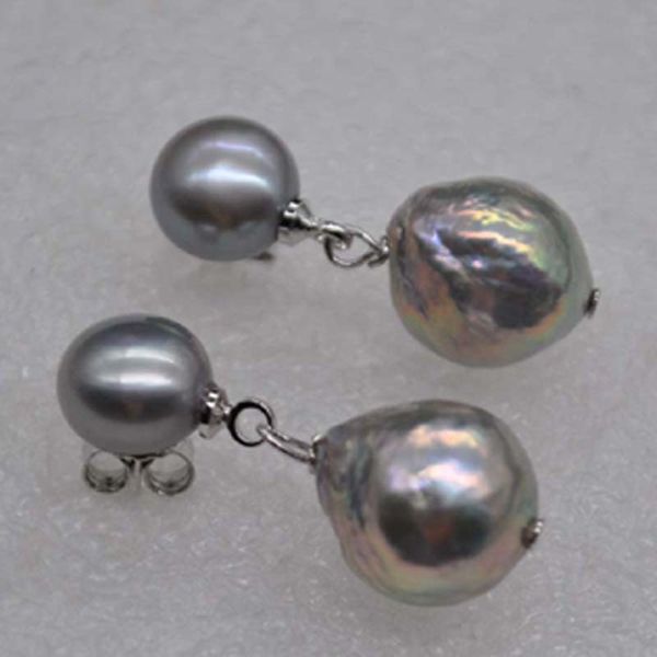

8-11mm studs&dangle gray freshwater pearl earring button and near round, Silver