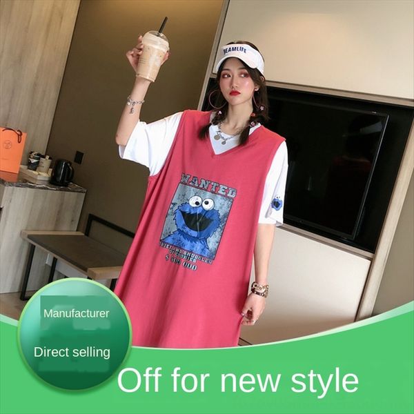 

women's 2020 short-sleeved t-shirt female student round collar midi loose fake two-piece ins style dress, White