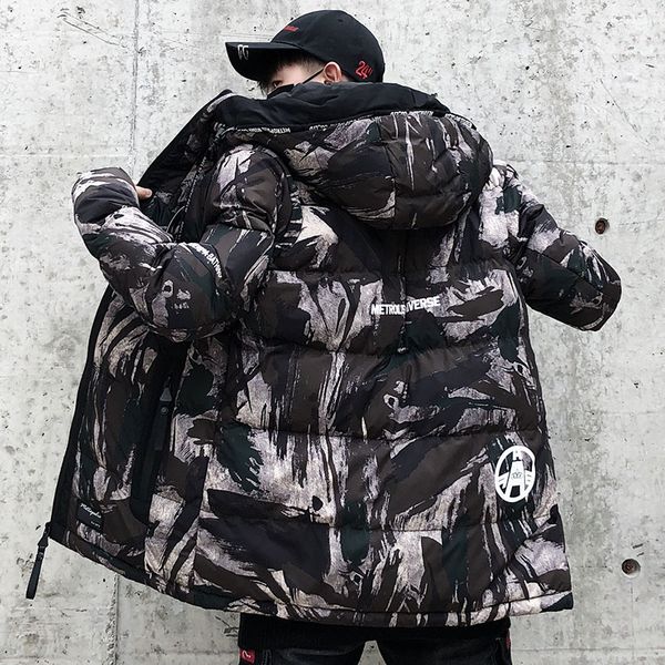 

streetwear camouflage winter jacket men hooded casual mens parka coat camo thick warm mens outwear, Black