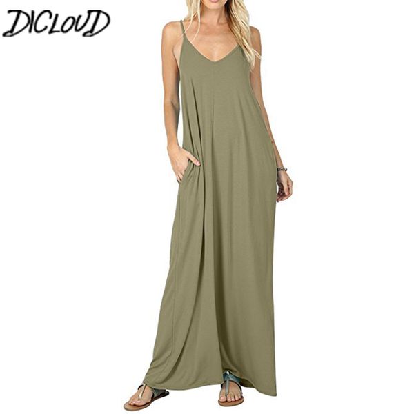 

dicloud spaghetti strap casual maxi dress women simple sleeveless v-neck dress female pockets plus size summer dresses, Black;pink