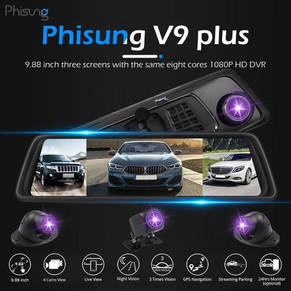 

phisung v9 plus 4g wifi streaming mirror gps four lens car dvr rearview fhd 1080p mirror camera dash cam app 9.88" touch screen