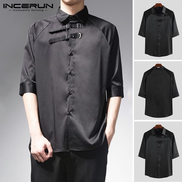 

2020 mens vintage half sleeve shirt male turndown collar solid color camisa man fashion black casual slim blouse incerun, White;black