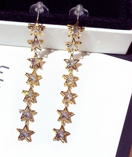 

new ins fashion designer luxury super glittering rhinestone zircon cute star long dangle chandelier stud earrings jewelry for woman girls, Golden;silver
