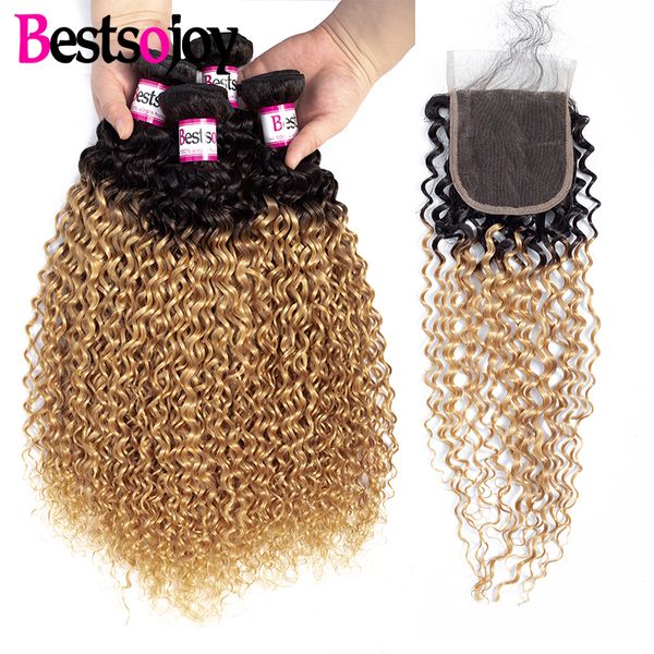 

ombre indian kinky curly hair with closure 4 bundles 2tone curly weave with closure t1b/27 ombre human hair curly bundles with closure, Black