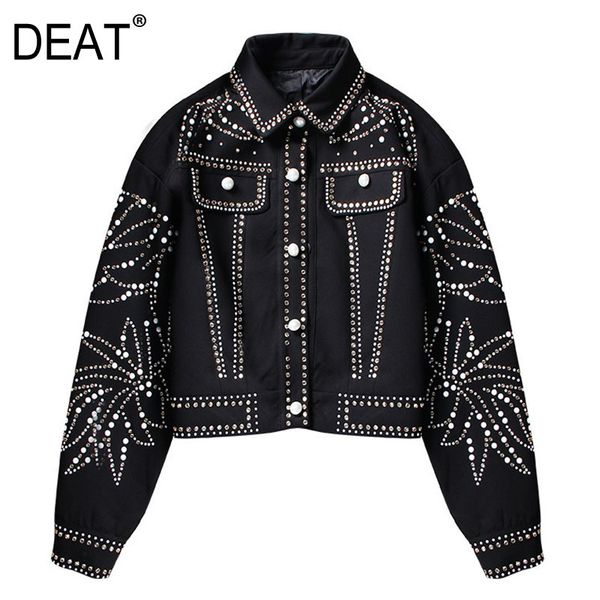 

deat]2019 spring woman handsome black turn-down collar spliced rivet diamonds sequins long sleeve loose coat jacket ld55, Black;brown