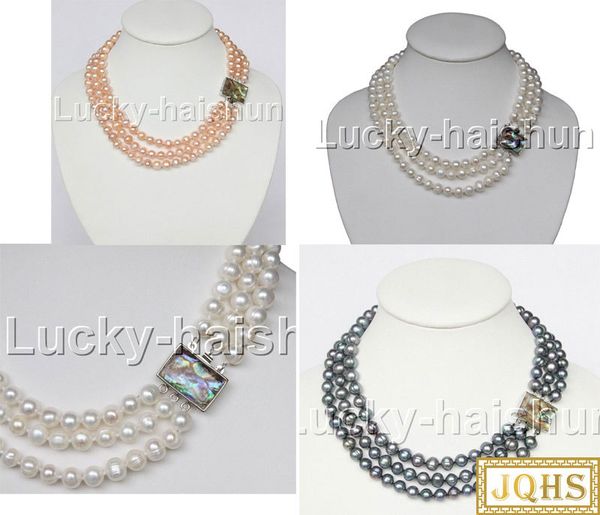 

jqhs genuine 17" 3row 9mm round white pink peacock black freshwater pearls necklace abalone clasp j12584-4, Silver