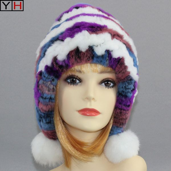 

new winter women knit rex fur hat 100%natural real rex fur hat lady winter warm cap with 3 balls, Blue;gray
