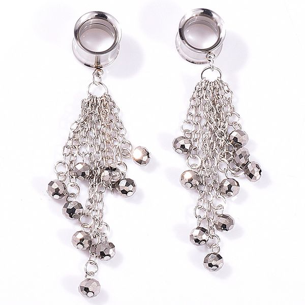 

stainless steel ear gauges flesh tunnels, double flared ear stretcher saddle tassel dangle plugs - silver, Golden