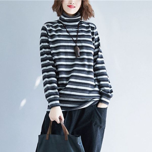 

winter spring casual sweatshirt striped turtleneck long sleeve vintage pullovers loose warm striped plus size thick sweatshirt, Black