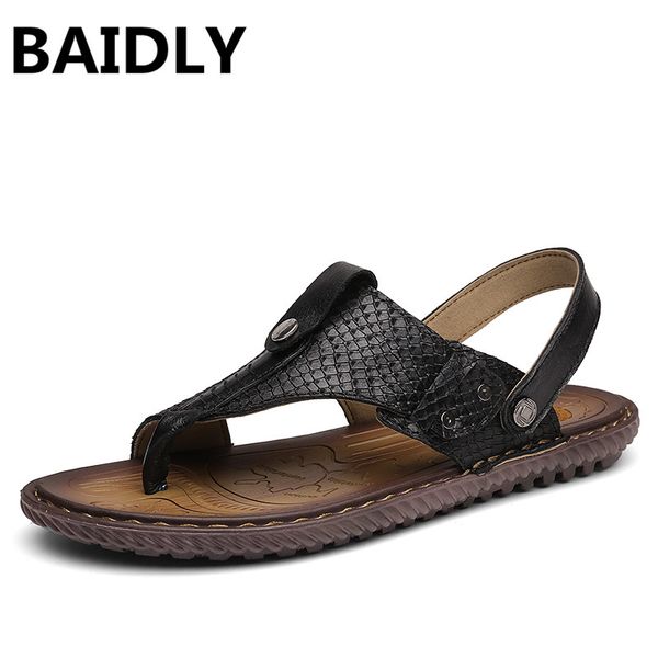 

summer leather sandals men cool slippers men flat shoes slides beach shoes two ways to wear sandals big size 38-47, Black