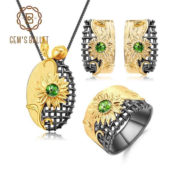 

gem's ballet ring earrings pendant sets natural chrome diopside 925 sterling silver handmade sun flower jewelry set for women, Black