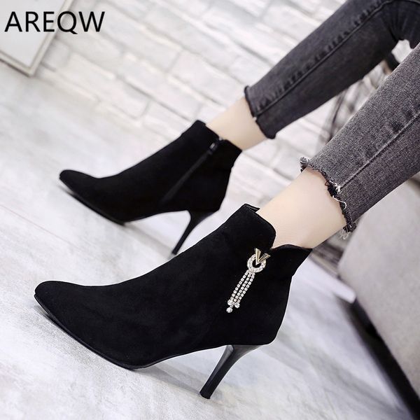 

2020 new comfort and fashion autumn and winter women's boots pointed zipper fine heel high heel short tube women's shoe, Black