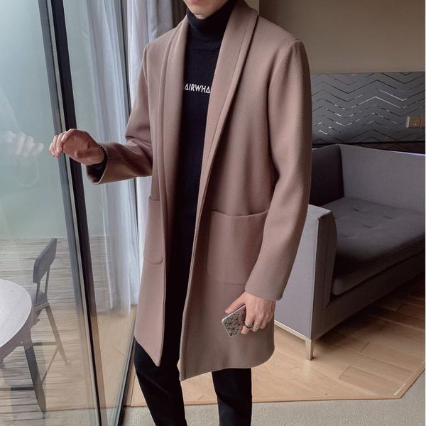 

2019 autumn and winter new style men's trench coat korean-style mid-length casual no buckle loose-fit fold-down collar woolen ja, Tan;black