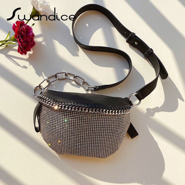 

real genuine leather inlaid rhinestone crystal weave chain chest belt crossbody messenger shoulder bags women female handbags