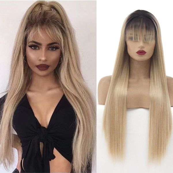 Dark Roots Lace Front Wig With Bangs 13 3 Synthetic Lace Wigs For