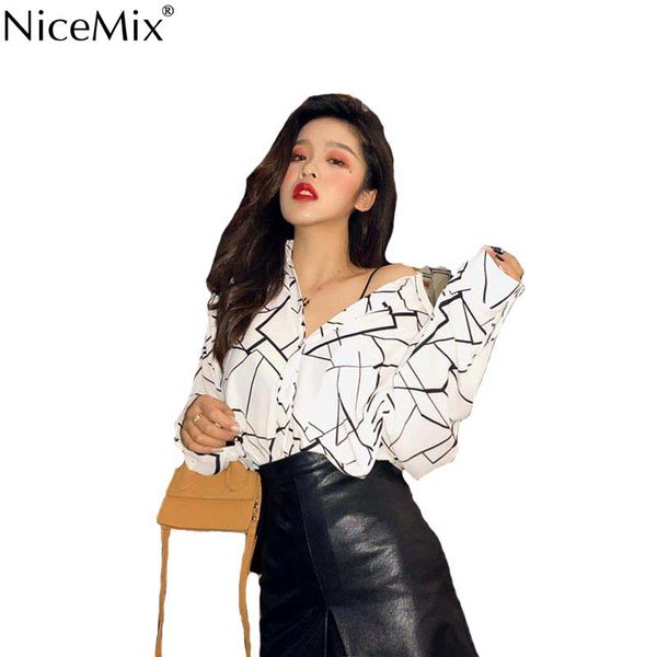 

nicemix summer fashion chic blouse women shirt abstract print long sleeve womens and blouses blusas femininas de verao 2019, White