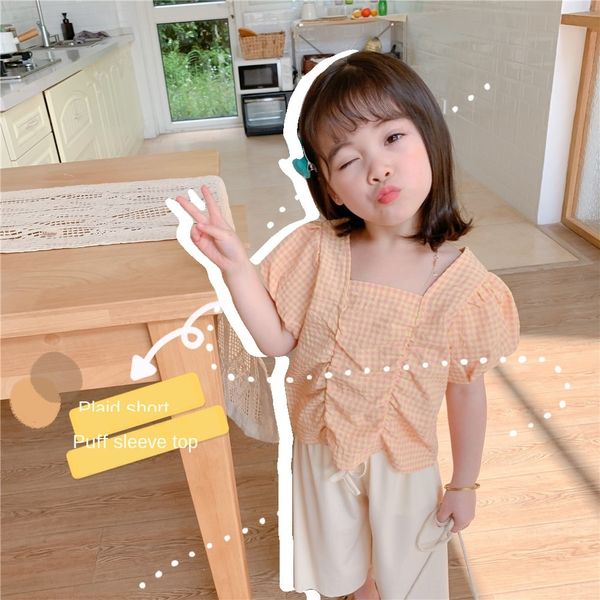 

2020 shoulder coat plaid short baby bubble 2020 girl shoulder coat plaid short sleeve baby girl bubble sleeve top, White;black