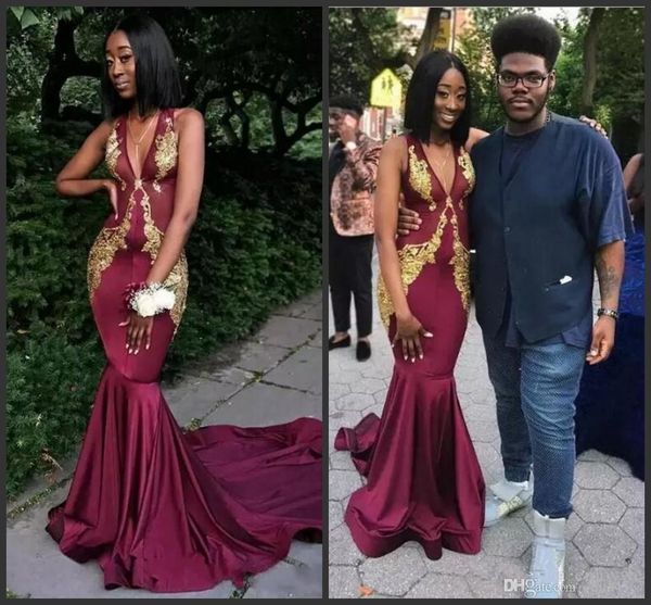 

2019 новый арабский бургундия русалка пром платья глубокий v-образным вырезом без рукавов золотые кружевные аппликации африканские вечерние, Black