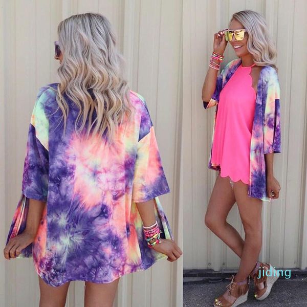 

fashion-summer bikini cover ups women tie-dye printing chiffon beach kimono long cardigan blouse shawl smock beachwear #g3