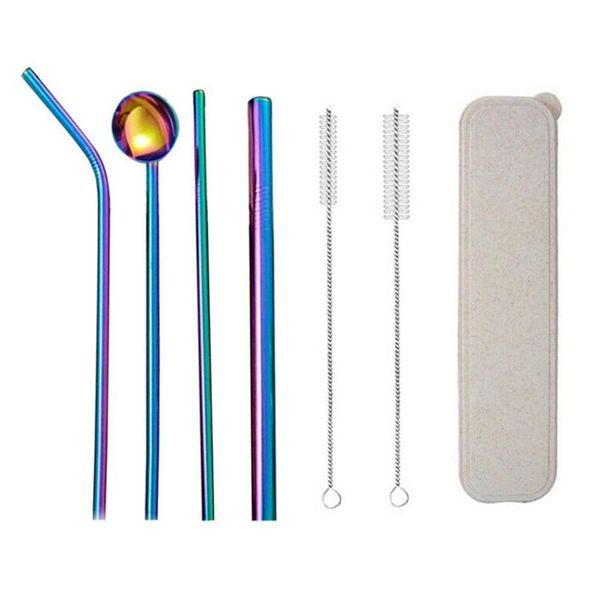 

6pcs reusable stainless steel sturdy bent straight drinks straw with cleaning brush straw spoon set for bar accessories