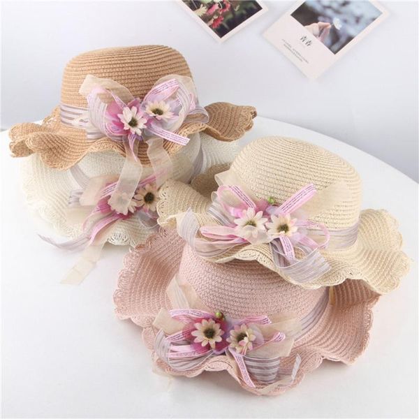 

summer flowers ruffle breathable hat baby girls straw kids bucket female cute cap#py6, Yellow
