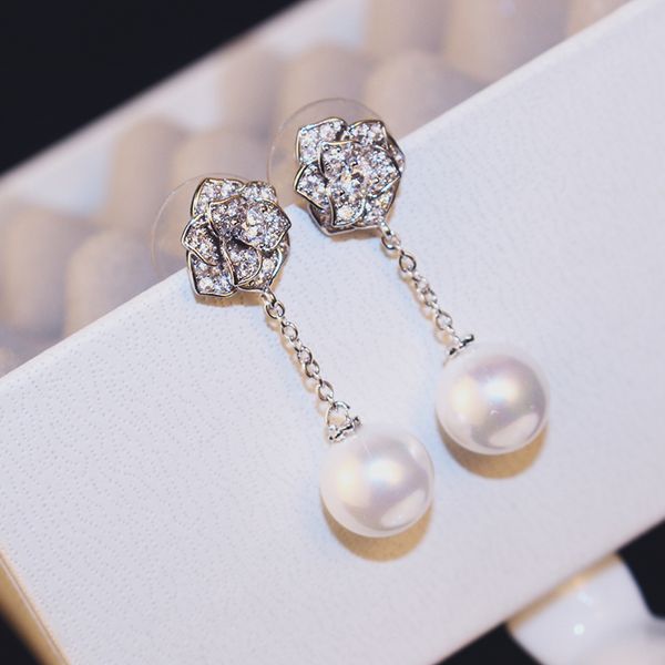 

very elegant fashion designer full diamonds super glittering camellia flower pearl pendant stud drop dangle earrings for woman girls, Golden;silver