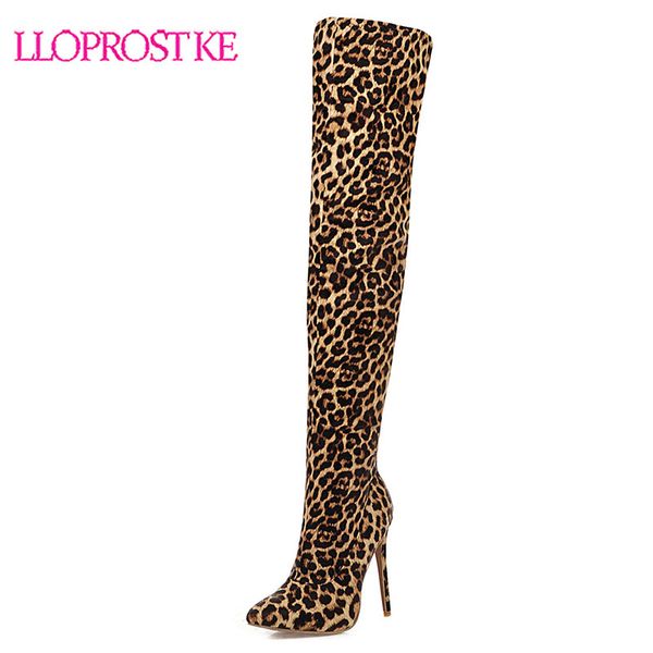 

lloprost ke female woman 12cm stiletto heels pointed toe zipper leopard boots winter ladies over the knee boots h593, Black