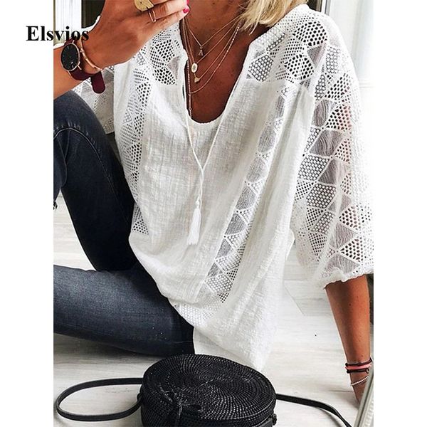 

women loose cotton line shirt blouse v neck tassel blouse spring summer three quarter sleeve lace blusa streetwear 5xl, White