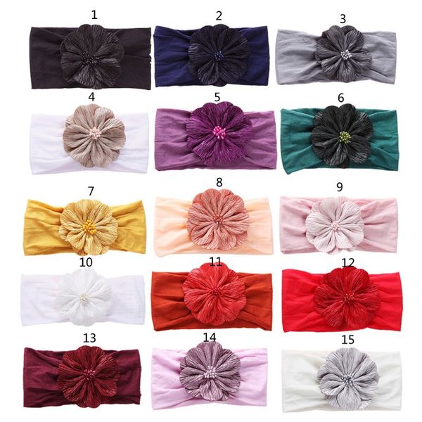 

15 colors high elastic flower headbands for baby girls toddler nylon hair bows headdress turban bow knot hair bands accessories, Slivery;white