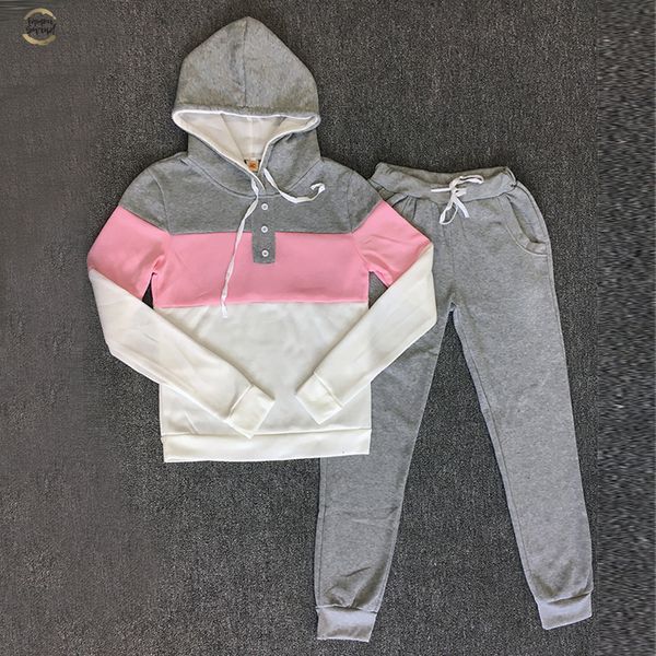

women 2pcs set hoodies crop sweatshirt+side stripe pants hooded 2 pieces sets women clothing suits female, Gray