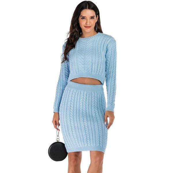 

2019 autum winter women 2 piece o neck light blue sweater dress, White;black
