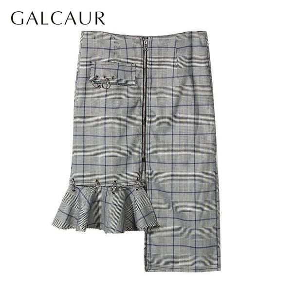 

galcaur spring womens skirts high waist ruffle zipper asymmetrical plaid skirts for women casual clothing 2019 fashion tide, Black