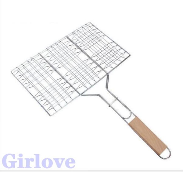 

bbq barbecue 2 fish grilling basket roast meat folder tool with wooden handle ing