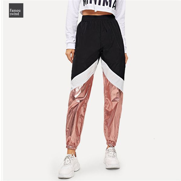 

брюки цвет элегантный contrast metallic 100% нейлон 2019 весна женщины современные леди блок конический морковные брюки груза падения, Black;white