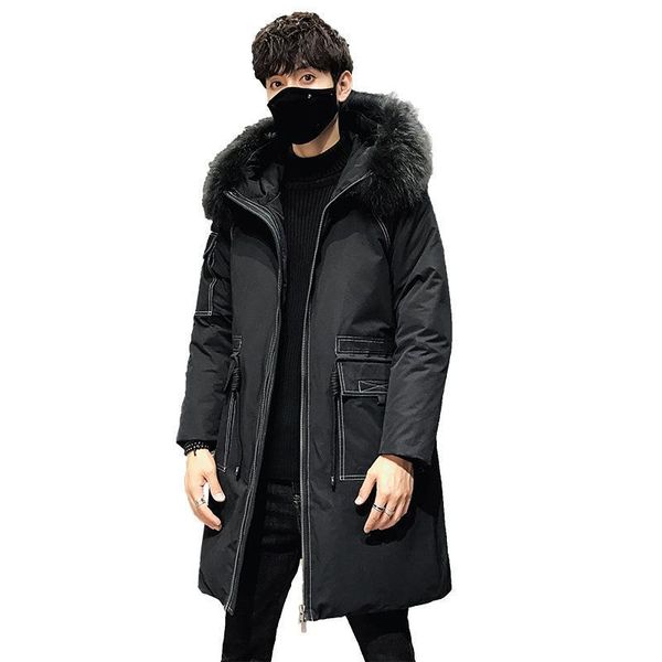 

white duck down winter new style down jacket men's mid-length hooded jacket slim fit casual mens thick warm men's wear, Black