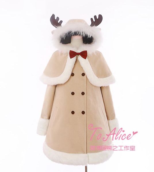 

super cute christmas women's 2pcs set coat: reindeer hat bow bell cape + long sleeve long wool blend coat outwear lolita, Black