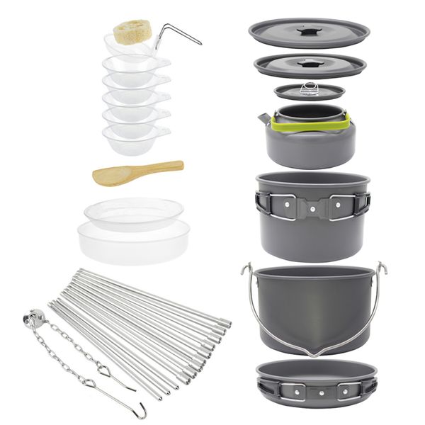 

5~6 persons ultralight camping cookware utensils outdoor tableware set hiking picnic camping tableware kettle pot pan and tripod